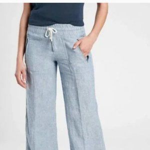 Athleta Chambray Blue Cabo Linen Wide Leg Pants Mid Rise Size 8